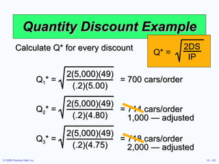 Quantity Discount Example Calculate Q* for every discount Q* = 2DS IP Q 1 * =  = 700 cars/order 2(5,000)(49) (.2)(5.00) Q 2 * =  = 714 cars/order 2(5,000)(49) (.2)(4.80) Q 3 * =  = 718 cars/order 2(5,000)(49) (.2)(4.75) 1,000 — adjusted 2,000 — adjusted 