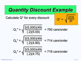 Quantity Discount Example Calculate Q* for every discount Q* = 2DS IP Q 1 * =  = 700 cars/order 2(5,000)(49) (.2)(5.00) Q 2 * =  = 714 cars/order 2(5,000)(49) (.2)(4.80) Q 3 * =  = 718 cars/order 2(5,000)(49) (.2)(4.75) 