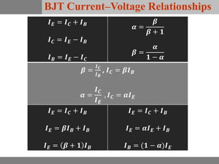 BJT Current–Voltage Relationships
𝑰 𝑬 = 𝑰 𝑪 + 𝑰 𝑩
𝑰 𝑪 = 𝑰 𝑬 − 𝑰 𝑩
𝑰 𝑩 = 𝑰 𝑬 − 𝑰 𝑪
𝜶 =
𝜷
𝜷 + 𝟏
𝜷 =
𝜶
𝟏 − 𝜶
𝜷 =
𝑰 𝑪
𝑰 𝑩
, 𝑰 𝑪 = 𝜷𝑰 𝑩
𝜶 =
𝑰 𝑪
𝑰 𝑬
, 𝑰 𝑪 = 𝜶𝑰 𝑬
𝑰 𝑬 = 𝑰 𝑪 + 𝑰 𝑩
𝑰 𝑬 = 𝜷𝑰 𝑩 + 𝑰 𝑩
𝑰 𝑬 = 𝜷 + 𝟏 𝑰 𝑩
𝑰 𝑬 = 𝑰 𝑪 + 𝑰 𝑩
𝑰 𝑬 = 𝜶𝑰 𝑬 + 𝑰 𝑩
𝑰 𝑩 = (𝟏 − 𝜶)𝑰 𝑬
 