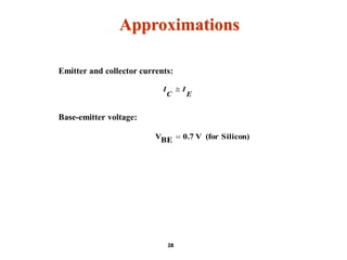 E
I
C
I 
Silicon)(forV0.7BEV 
Approximations
Emitter and collector currents:
Base-emitter voltage:
28
 