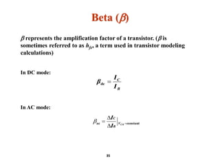 Beta ()
In DC mode:
In AC mode:
 represents the amplification factor of a transistor. ( is
sometimes referred to as hfe, a term used in transistor modeling
calculations)
B
C
I
I
β dc
constantac 


 CEV
B
C
I
I

35
 