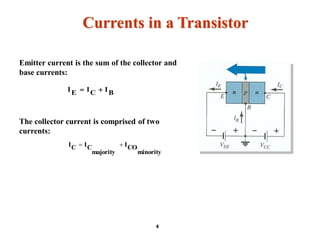 Currents in a Transistor
The collector current is comprised of two
currents:
BICIEI 
minority
COI
majority
CICI 
Emitter current is the sum of the collector and
base currents:
4
 