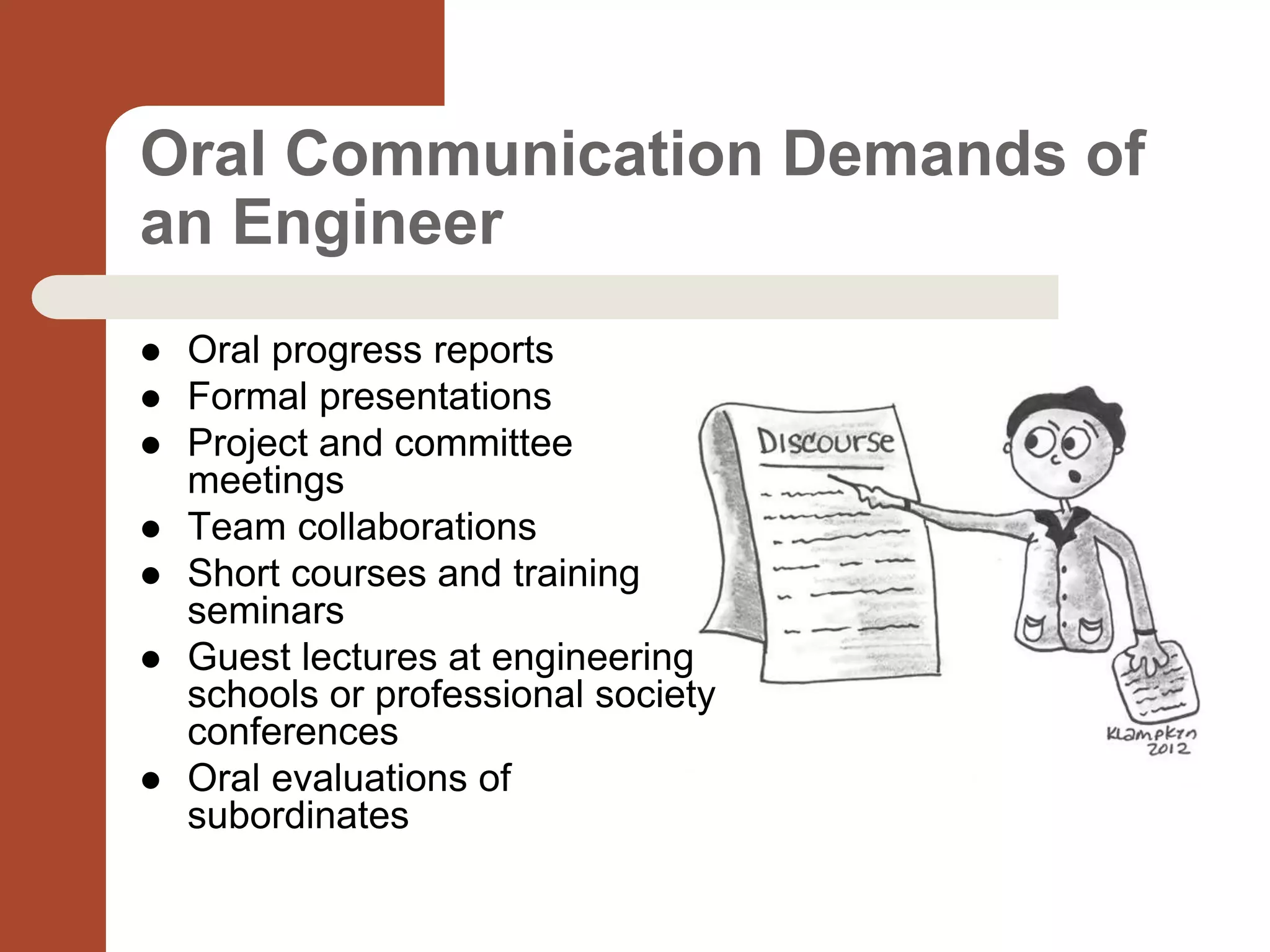 Oral Communication Demands of
an Engineer
 Oral progress reports
 Formal presentations
 Project and committee
meetings
 Team collaborations
 Short courses and training
seminars
 Guest lectures at engineering
schools or professional society
conferences
 Oral evaluations of
subordinates
 