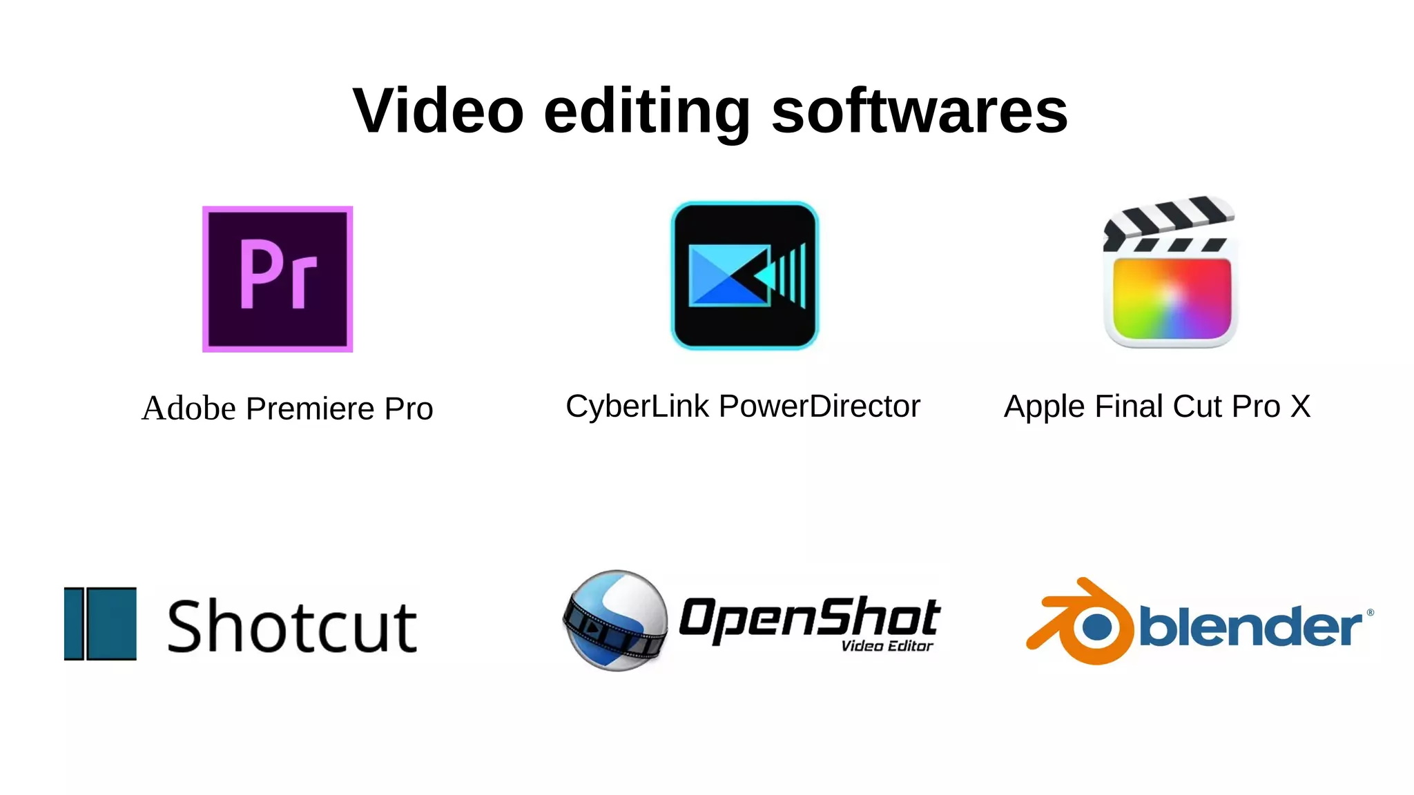 Video editing softwares
Adobe Premiere Pro CyberLink PowerDirector Apple Final Cut Pro X
 