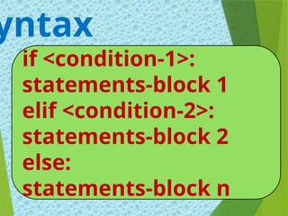 yntax
if <condition-1>:
statements-block 1
elif <condition-2>:
statements-block 2
else:
statements-block n
 