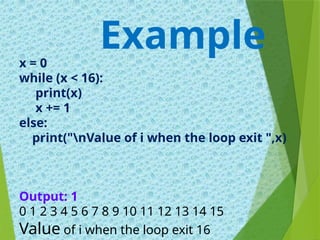 x = 0
while (x < 16):
print(x)
x += 1
else:
print("nValue of i when the loop exit ",x)
Example
Output: 1
0 1 2 3 4 5 6 7 8 9 10 11 12 13 14 15
Value of i when the loop exit 16
 