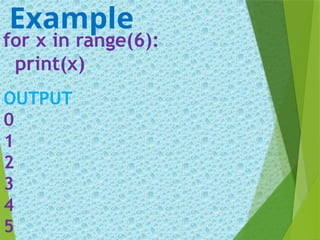 for x in range(6):
print(x)
Example
OUTPUT
0
1
2
3
4
5
 