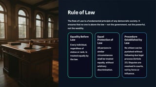 Rule of Law
The Rule of Law is a fundamental principle of any democratic society. It
ensures that no one is above the law — not the government, not the powerful,
not the wealthy.
Equality Before
Law
Every individual,
regardless of
status or rank, is
treated equally by
the law.
Equal
Protection of
Law
All persons in
similar
circumstances
shall be treated
equally, without
arbitrary
discrimination.
Procedure
Established by
Law
No citizen can be
punished without
following due legal
process (Article
21). Disputes are
resolved in courts,
not by force or
influence.
 