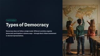 CHAPTER BREAK
Types of Democracy
Democracy does not follow a single model. Different societies organise
democratic participation in diverse ways — through direct citizen involvement
or elected representatives.
 