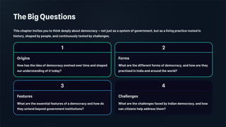 The Big Questions
This chapter invites you to think deeply about democracy — not just as a system of government, but as a living practice rooted in
history, shaped by people, and continuously tested by challenges.
1
Origins
How has the idea of democracy evolved over time and shaped
our understanding of it today?
2
Forms
What are the different forms of democracy, and how are they
practised in India and around the world?
3
Features
What are the essential features of a democracy and how do
they extend beyond government institutions?
4
Challenges
What are the challenges faced by Indian democracy, and how
can citizens help address them?
 