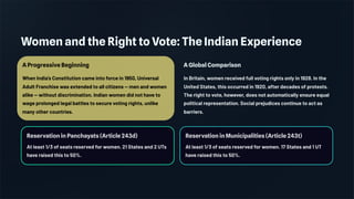 Women and the Right to Vote: The Indian Experience
A Progressive Beginning
When India's Constitution came into force in 1950, Universal
Adult Franchise was extended to all citizens — men and women
alike — without discrimination. Indian women did not have to
wage prolonged legal battles to secure voting rights, unlike
many other countries.
A Global Comparison
In Britain, women received full voting rights only in 1928. In the
United States, this occurred in 1920, after decades of protests.
The right to vote, however, does not automatically ensure equal
political representation. Social prejudices continue to act as
barriers.
Reservation in Panchayats (Article 243d)
At least 1/3 of seats reserved for women. 21 States and 2 UTs
have raised this to 50%.
Reservation in Municipalities (Article 243t)
At least 1/3 of seats reserved for women. 17 States and 1 UT
have raised this to 50%.
 