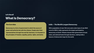 Let's Recall
What Is Democracy?
The Core Idea
Democracy is a form of government in which the source of
power and authority lies with the citizens. People elect their
representatives through free and fair elections. It is founded on
the principles of freedom, equality, justice, rights, and duties.
India — The World's Largest Democracy
With a population of over 140 crore and a voter base of over 96.8
crore (in 2024), India represents the largest participatory
democracy on Earth. Citizens choose their government at local,
state, and national levels through elections, making India a
beacon of democratic hope for the world.
 
