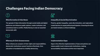 Challenges Facing Indian Democracy
Misinformation & Fake News
The spread of false information through social media and digital
platforms can influence public opinion, create confusion, and
sometimes lead to conflict. Media literacy is now an essential
democratic skill.
Inequality & Social Discrimination
Poverty, gender inequality, caste discrimination, and regionalism
create barriers to equal political participation. Ensuring all voices
are heard remains a critical challenge.
Illiteracy & Civic Unawareness
When citizens are unaware of their rights and responsibilities,
democratic institutions cannot function effectively. Civic
education is foundational to a healthy democracy.
Implementation Gaps
Gaps in the effective implementation of laws and policies can
reduce public trust in democratic institutions, making
accountability mechanisms all the more important.
 