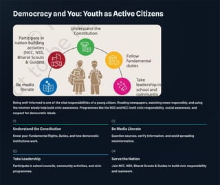 Democracy and You: Youth as Active Citizens
Being well-informed is one of the vital responsibilities of a young citizen. Reading newspapers, watching news responsibly, and using
the internet wisely help build civic awareness. Programmes like the NSS and NCC instil civic responsibility, social awareness, and
respect for democratic ideals.
01
Understand the Constitution
Know your Fundamental Rights, Duties, and how democratic
institutions work.
02
Be Media Literate
Question sources, verify information, and avoid spreading
misinformation.
03
Take Leadership
Participate in school councils, community activities, and civic
programmes.
04
Serve the Nation
Join NCC, NSS, Bharat Scouts & Guides to build civic responsibility
and teamwork.
 