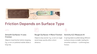 Friction Depends on Surface Type
Smooth Surfaces → Less
Friction
Objects travel farther before stopping.
E.g., a coin on polished marble slides a
long way.
Rough Surfaces → More Friction
Objects stop sooner. E.g., a coin on rough
wood stops quickly after a short
distance.
Activity 6.2: Measure It!
A spring balance pulled along different
surfaces shows a smaller reading for
smoother surfaces — confirming less
friction.
 