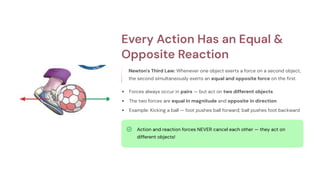 Every Action Has an Equal &
Opposite Reaction
Newton's Third Law: Whenever one object exerts a force on a second object,
the second simultaneously exerts an equal and opposite force on the first.
Forces always occur in pairs — but act on two different objects
The two forces are equal in magnitude and opposite in direction
Example: Kicking a ball — foot pushes ball forward; ball pushes foot backward
Action and reaction forces NEVER cancel each other — they act on
different objects!
 
