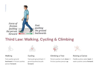 Third Law: Walking, Cycling & Climbing
Walking
Foot pushes ground
backward → friction pushes
person forward.
Cycling
Feet push ground back →
ground pushes bicycle
forward.
Climbing a Tree
Person pushes trunk down →
friction pushes person up.
Rowing a Canoe
Paddle pushes water back →
water pushes canoe forward.
 