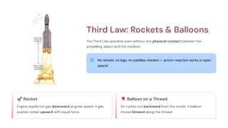 Third Law: Rockets & Balloons
The Third Law operates even without any physical contact between the
propelling object and the medium:
No wheels, no legs, no paddles needed — action-reaction works in open
space!
🚀Rocket
Engine expels hot gas downward at great speed → gas
pushes rocket upward with equal force.
🎈Balloon on a Thread
Air rushes out backward from the nozzle → balloon
moves forward along the thread.
 