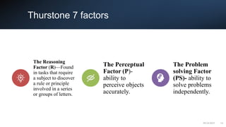 Thurstone 7 factors
09/24/2025 14
The Reasoning
Factor (R)—Found
in tasks that require
a subject to discover
a rule or principle
involved in a series
or groups of letters.
The Perceptual
Factor (P)-
ability to
perceive objects
accurately.
The Problem
solving Factor
(PS)- ability to
solve problems
independently.
 