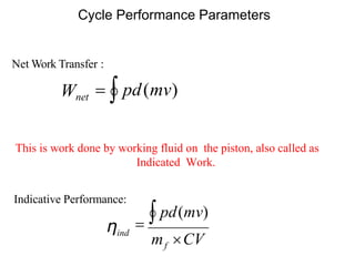 Cycle Performance Parameters
Net Work Transfer :
=  pd(mv)
Wnet
This is work done by working fluid on the piston, also called as
Indicated Work.
Indicative Performance:
=  pd(mv)
f
m CV
ind
η
 