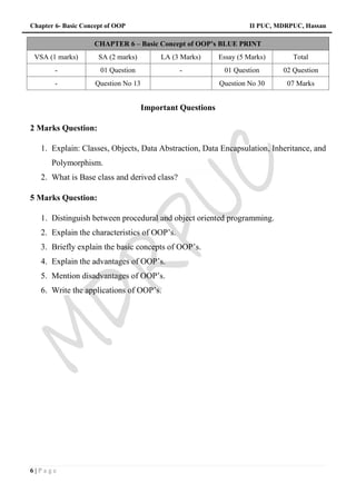 Chapter 6- Basic Concept of OOP II PUC, MDRPUC, Hassan
6 | P a g e
CHAPTER 6 – Basic Concept of OOP’s BLUE PRINT
VSA (1 marks) SA (2 marks) LA (3 Marks) Essay (5 Marks) Total
- 01 Question - 01 Question 02 Question
- Question No 13 Question No 30 07 Marks
Important Questions
2 Marks Question:
1. Explain: Classes, Objects, Data Abstraction, Data Encapsulation, Inheritance, and
Polymorphism.
2. What is Base class and derived class?
5 Marks Question:
1. Distinguish between procedural and object oriented programming.
2. Explain the characteristics of OOP’s.
3. Briefly explain the basic concepts of OOP’s.
4. Explain the advantages of OOP’s.
5. Mention disadvantages of OOP’s.
6. Write the applications of OOP’s.
 