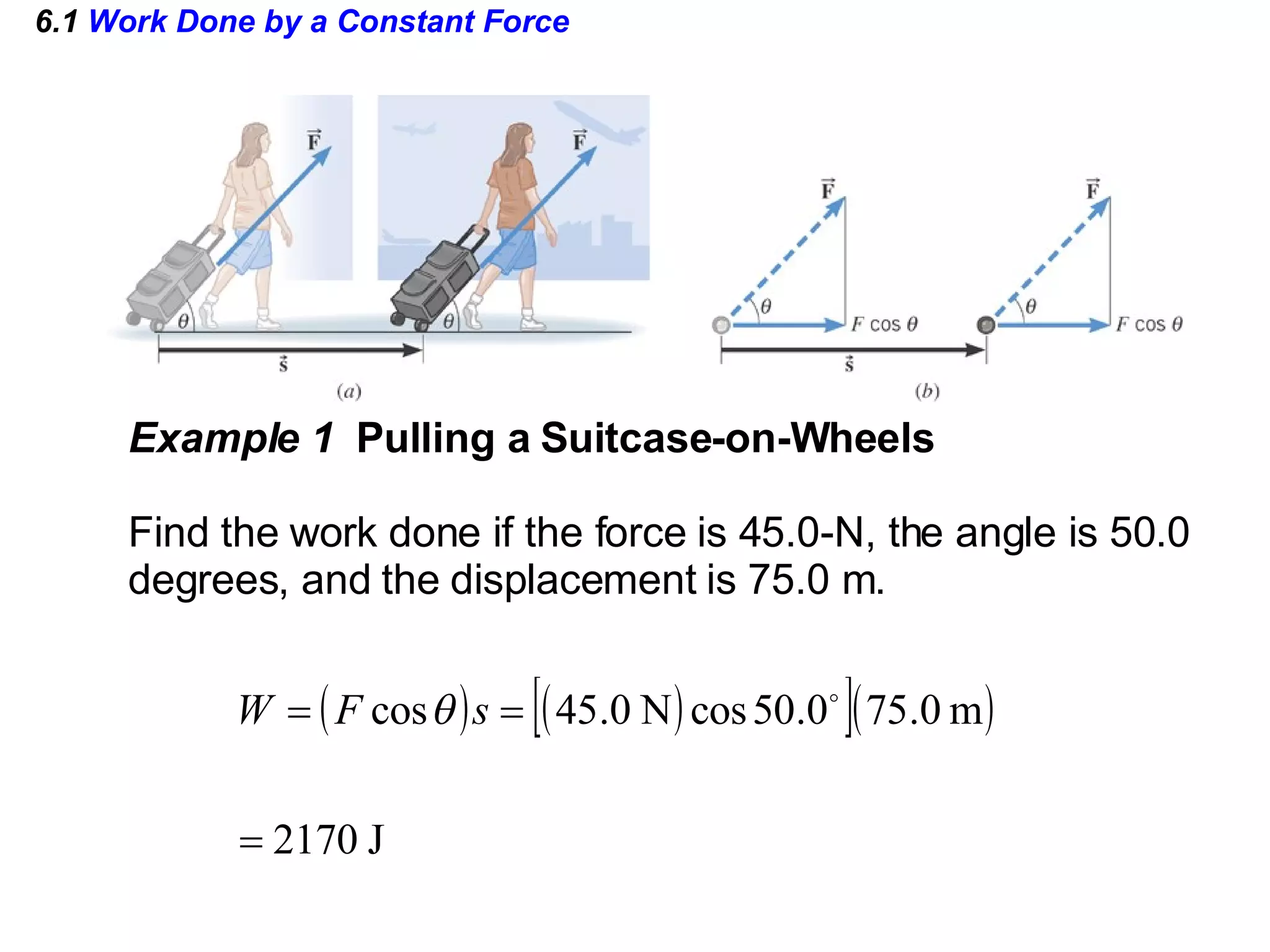 6.1  Work Done by a Constant Force Example 1  Pulling a Suitcase-on-Wheels Find the work done if the force is 45.0-N, the angle is 50.0  degrees, and the displacement is 75.0 m. 