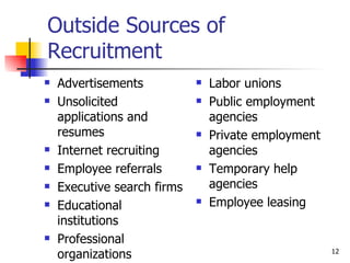 Outside Sources of Recruitment Advertisements Unsolicited applications and resumes Internet recruiting Employee referrals Executive search firms Educational institutions Professional organizations Labor unions Public employment agencies Private employment agencies Temporary help agencies Employee leasing 