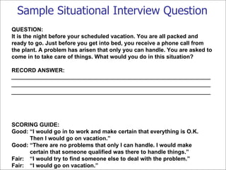 Sample Situational Interview Question QUESTION: It is the night before your scheduled vacation. You are all packed and ready to go. Just before you get into bed, you receive a phone call from the plant. A problem has arisen that only you can handle. You are asked to come in to take care of things. What would you do in this situation? RECORD ANSWER: SCORING GUIDE: Good: “I would go in to work and make certain that everything is O.K.  Then I would go on vacation.”  Good: “There are no problems that only I can handle. I would make  certain that someone qualified was there to handle things.”  Fair: “I would try to find someone else to deal with the problem.”  Fair: “I would go on vacation.” 