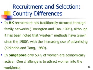 Recruitment and Selection: Country Differences In  HK  recruitment has traditionally occurred through family networks (Torrington and Tan, 1995), although it has been noted that ‘western’ methods have grown since the 1980’s with the increasing use of advertising (Kirkbride and Tang, 1989). In  Singapore  only 53% of women are economically active.  One challenge is to attract women into the workforce. 