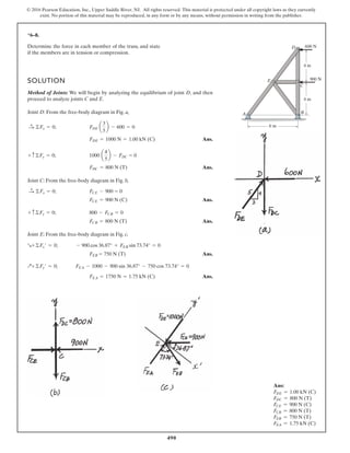 490
© 2016 Pearson Education, Inc., Upper Saddle River, NJ. All rights reserved. This material is protected under all copyright laws as they currently
exist. No portion of this material may be reproduced, in any form or by any means, without permission in writing from the publisher.
*6–8.
Determine the force in each member of the truss, and state
if the members are in tension or compression.
SOLUTION
Method of Joints: We will begin by analyzing the equilibrium of joint D, and then
proceed to analyze joints C and E.
Joint D: From the free-body diagram in Fig. a,
Ans.
Ans.
Joint C: From the free-body diagram in Fig. b,
Ans.
Ans.
Joint E: From the free-body diagram in Fig. c,
Ans.
Ans.FEA = 1750 N = 1.75 kN (C)
FEA - 1000 - 900 sin 36.87° - 750 cos 73.74° = 0Q+©Fy¿ = 0;
FEB = 750 N (T)
- 900 cos 36.87° + FEB sin 73.74° = 0R+©Fx¿ = 0;
FCB = 800 N (T)
800 - FCB = 0+ c ©Fy = 0;
FCE = 900 N (C)
FCE - 900 = 0©Fx = 0;:+
FDC = 800 N (T)
1000 a
4
5
b - FDC = 0+ c©Fy = 0;
FDE = 1000 N = 1.00 kN (C)
FDE a
3
5
b - 600 = 0©Fx = 0;:
+
B
E
D
A
C
600 N
900 N
4 m
4 m
6 m
Ans:
FDE = 1.00 kN (C)
FDC = 800 N (T)
FCE = 900 N (C)
FCB = 800 N (T)
FEB = 750 N (T)
FEA = 1.75 kN (C)
 