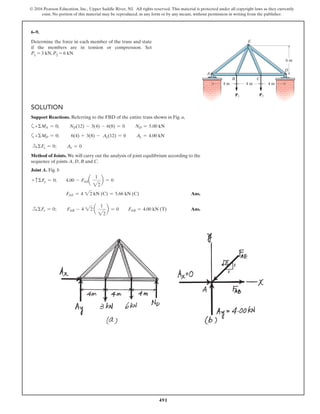 491
© 2016 Pearson Education, Inc., Upper Saddle River, NJ. All rights reserved. This material is protected under all copyright laws as they currently
exist. No portion of this material may be reproduced, in any form or by any means, without permission in writing from the publisher.
SOLUTION
Support Reactions. Referring to the FBD of the entire truss shown in Fig. a,
a+ΣMA = 0; ND(12) - 3(4) - 6(8) = 0 ND = 5.00 kN
a+ΣMD = 0; 6(4) + 3(8) - Ay(12) = 0 Ay = 4.00 kN
S+ ΣFx = 0; Ax = 0
Method of Joints. We will carry out the analysis of joint equilibrium according to the
sequence of joints A, D, B and C.
Joint A. Fig. b
+ cΣFy = 0; 4.00 - FAEa
1
22
b = 0
FAE = 4 22 kN (C) = 5.66 kN (C) Ans.
S+ ΣFx = 0; FAB - 4 22 a
1
22
b = 0 FAB = 4.00 kN (T) Ans.
6–9.
Determine the force in each member of the truss and state
if the members are in tension or compression. Set
P1 = 3 kN, P2 = 6 kN.
A
D
E
B C
P1 P2
4 m 4 m4 m
6 m
 