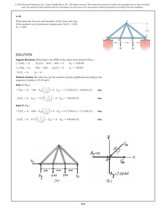 493
© 2016 Pearson Education, Inc., Upper Saddle River, NJ. All rights reserved. This material is protected under all copyright laws as they currently
exist. No portion of this material may be reproduced, in any form or by any means, without permission in writing from the publisher.
SOLUTION
Support Reactions. Referring to the FBD of the entire truss shown in Fig. a,
a+ΣMA = 0; ND(12) - 6(4) - 9(8) = 0 ND = 8.00 kN
a+ΣMD = 0; 9(4) + 6(8) - Ay(12) = 0 Ay = 7.00 kN
S+ ΣFx = 0; Ax = 0
Method of Joints. We will carry out the analysis of joint equilibrium according to the
sequence of joints A, D, B and C.
Joint A. Fig. a
+ cΣFy = 0; 7.00 - FAE a
1
22
b = 0 FAE = 7 22 kN (C) = 9.90 kN (C) Ans.
S+ ΣFx = 0; FAB - 722 a
1
22
b = 0 FAB = 7.00 kN (T) Ans.
Joint D. Fig. c
+ cΣFy = 0; 8.00 - FDE a
1
22
b = 0 FDE = 8 22 kN (C) = 11.3 kN (C) Ans.
S+ ΣFx = 0; 822 a
1
22
b - FDC = 0 FDC = 8.00 kN (T) Ans.
6–10.
Determine the force in each member of the truss and state
if the members are in tension or compression. Set P1 = 6 kN,
P2 = 9 kN.
A
D
E
B C
P1 P2
4 m 4 m4 m
6 m
 