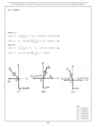494
© 2016 Pearson Education, Inc., Upper Saddle River, NJ. All rights reserved. This material is protected under all copyright laws as they currently
exist. No portion of this material may be reproduced, in any form or by any means, without permission in writing from the publisher.
Joint B. Fig. d
+ cΣFy = 0; FBE a
3
210
b - 6 = 0 FBE = 2 210 kN (T) = 6.32 kN (T) Ans.
S+ ΣFx = 0; FBC - 7.00 + a2210b a
1
210
b = 0 FBC = 5.00 kN (T) Ans.
Joint C. Fig. e
+ cΣFy = 0; FCE a
3
210
b - 9 = 0 FCE = 3210 kN = 9.49 kN (T) Ans.
S+ ΣFx = 0; 8.00 - 5.00 - a3210ba
1
210
b = 0 (Check!!)
6–10. Continued
Ans:
FAE = 9.90 kN (C)
FAB = 7.00 kN (T)
FDE = 11.3 kN (C)
FDC = 8.00 kN (T)
FBE = 6.32 kN (T)
FBC = 5.00 kN (T)
FCE = 9.49 kN (T)
 