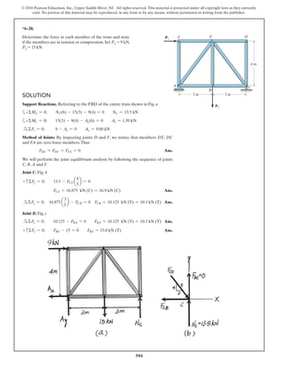 506
© 2016 Pearson Education, Inc., Upper Saddle River, NJ. All rights reserved. This material is protected under all copyright laws as they currently
exist. No portion of this material may be reproduced, in any form or by any means, without permission in writing from the publisher.
*6–20.
Determine the force in each member of the truss and state
if the members are in tension or compression. Set P1 = 9 kN,
P2 = 15 kN.
3 m
A
B
C
DF E
3 m
4 m
P1
P2
SOLUTION
Support Reactions. Referring to the FBD of the entire truss shown in Fig. a
a+ΣMA = 0; NC(6) - 15(3) - 9(4) = 0 NC = 13.5 kN
a+ΣMC = 0; 15(3) - 9(4) - Ay(6) = 0 Ay = 1.50 kN
S+ ΣFx = 0; 9 - Ax = 0 Ax = 9.00 kN
Method of Joints: By inspecting joints D and F, we notice that members DE, DC
and FA are zero force members.Thus
FDE = FDC = FFA = 0 Ans.
We will perform the joint equilibrium analysis by following the sequence of joints
C, B, A and F.
Joint C. Fig. b
+ cΣFy = 0; 13.5 - FCE a
4
5
b = 0
FCE = 16.875 kN (C) = 16.9 kN (C) Ans.
S+ ΣFx = 0; 16.875 a
3
5
b - FCB = 0 FCB = 10.125 kN (T) = 10.1 kN (T) Ans.
Joint B. Fig. c
S+ ΣFx = 0; 10.125 - FBA = 0 FBA = 10.125 kN (T) = 10.1 kN (T) Ans.
+ cΣFy = 0; FBE - 15 = 0 FBE = 15.0 kN (T) Ans.
 