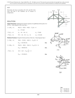 515
© 2016 Pearson Education, Inc., Upper Saddle River, NJ. All rights reserved. This material is protected under all copyright laws as they currently
exist. No portion of this material may be reproduced, in any form or by any means, without permission in writing from the publisher.
6–27.
Determine the force in members DC, HC, and HI of the
truss, and state if the members are in tension or
compression.
SOLUTION
Support Reactions: Applying the moment equation of equilibrium about point A to
the free - body diagram of the truss, Fig. a,
a
Method of Sections: Using the bottom portion of the free - body diagram, Fig. b.
a
Ans.
a
Ans.
Ans.FDC = 125 kN (C)
+ c©Fy = 0; 32.5 + 42.5 - FDC (
3
5
) = 0
FHC = 100 kN (T)
+©MD = 0; 70(4.5) - 40(3) - 30(1.5) - FHC(1.5) = 0
FHI = 42.5 kN (T)
+©MC = 0; 70(3) - 32.5(2) - 40(1.5) - FHI(2) = 0
+ c©Fy = 0; 57.5 - 40 - 50 + Ay = 0; Ay = 32.5 kN
:+ ©Fx = 0; Ax - 30 - 40 = 0; Ax = 70 kN
Fy = 57.5 kN
+©MA = 0; 40(1.5) + 30(3) + 40(2) - Fy(4) = 0
A
C
G
E D
H
F
I
B
2 m 2 m 2 m
1.5 m
50 kN
40 kN
40 kN
30 kN
1.5 m
1.5 m
Ans:
FHI = 42.5 kN (T)
FHC = 100 kN (T)
FDC = 125 kN (C)
 