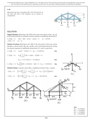 534
© 2016 Pearson Education, Inc., Upper Saddle River, NJ. All rights reserved. This material is protected under all copyright laws as they currently
exist. No portion of this material may be reproduced, in any form or by any means, without permission in writing from the publisher.
6–46.
Determine the force in members BC, CH, GH, and CG of
the truss and state if the members are in tension or
compression.
A
C D
H
G
F
8 kN
3 m
2 m
4 m4 m4 m 4 m
B
E
4 kN 5 kN
SOLUTION
Support Reactions. Referring to the FBD of the entire truss shown in Fig. a, Ay can
be determined directly by writing the moment equation of equilibrium about point E.
a+ΣME = 0; 5(4) + 8(8) + 4(12) - Ay(16) = 0 Ay = 8.25 kN
S+ ΣFx = 0; Ax = 0
Method of Sections. Referring to the FBD of the left portion of the truss section
through a–a shown in Fig. a, FBC, FGH and FCH can be determined directly by writing
the moment equations of equilibrium about points H, C, and O, respectively,
a+ΣMH = 0; FBC(3) - 8.25(4) = 0 FBC = 11.0 kN (T) Ans.
a+ΣMC = 0; FGHa
1
25
b (10) + (4)(4) - 8.25(8) = 0
FGH = 525 kN (C) = 11.2 kN (C) Ans.
a+ΣMO = 0; FCH a
3
5
b(10) + (8.25)(2) - 4(6) = 0 FCH = 1.25 kN (C) Ans.
Method of Joints. Using the result of FGH, equilibrium of joint G, Fig. c, requires
S+ ΣFx = 0; a525ba
2
25
b - FGF a
2
25
b = 0 FGF = a525b kN (C)
+ cΣFy = 0; 2a525ba
1
25
b - FCG = 0 FCG = 10.0 kN (T) Ans.
Ans:
FBC = 11.0 kN(T)
FGH = 11.2 kN(C)
FCH = 1.25 kN(C)
FCG = 10.0 kN(T)
 