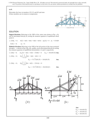 535
© 2016 Pearson Education, Inc., Upper Saddle River, NJ. All rights reserved. This material is protected under all copyright laws as they currently
exist. No portion of this material may be reproduced, in any form or by any means, without permission in writing from the publisher.
SOLUTION
Support Reactions. Referring to the FBD of the entire truss shown in Fig. a, Ay
can be determined directly by writing the moment equation of equilibrium about
point G.
a+ΣMG = 0; 6(2) + 6(4) + 6(6) + 6(8) + 6(10) - Ay(12) = 0 Ay = 15.0 kN
S+ ΣFx = 0; Ax = 0
Method of Sections. Referring to the FBD of the left portion of the truss sectioned
through a - a shown in Fig. b, FCD, FCJ and FKJ can be determined directly by writing
the moment equations of equilibrium about points J, A and C, respectively.
a+ΣMJ = 0; FCD(3) + 6(2) + 6(4) - 15.0(6) = 0 FCD = 18.0 kN (T) Ans.
a+ΣMA = 0; FCJa
3
213
b(4) - 6(4) - 6(2) = 0
FCJ = 3213 kN (T) = 10.8 kN (T) Ans.
a+ΣMC = 0; FKJa
1
25
b(4) + 6(2) - 15.0 (4) = 0
FKJ = 1225 kN (C) = 26.8 kN (C) Ans.
6–47.
Determine the force in members CD, CJ, and KJ and state
if these members are in tension or compression.
6 kN
A
B C D E
G
I
H
F
12 m, 6 @ 2 m
J
K
L
6 kN
6 kN
6 kN
6 kN
3 m
Ans:
FCD = 18.0 kN (T)
FCJ = 10.8 kN (T)
FKJ = 26.8 kN (T)
 