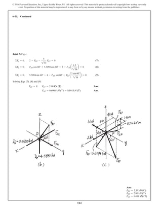 544
© 2016 Pearson Education, Inc., Upper Saddle River, NJ. All rights reserved. This material is protected under all copyright laws as they currently
exist. No portion of this material may be reproduced, in any form or by any means, without permission in writing from the publisher.
Joint F. Fig. c
ΣFx = 0; 2 - FEF -
5
234
FCF = 0 (7)
ΣFy = 0; FAF cos 60° + 5.3094 cos 60° - 3 - FCF a
1.5
234
b = 0 (8)
ΣFz = 0; 5.3094 sin 60° - 4 - FAF sin 60° - FCF a
3 sin 60°
234
b = 0 (9)
Solving Eqs. (7), (8) and (9)
FCF = 0 FEF = 2.00 kN (T) Ans.
FAF = 0.6906 kN (T) = 0.691 kN (T) Ans.
6–55. Continued
Ans:
FDF = 5.31 kN (C)
FEF = 2.00 kN (T)
FAF = 0.691 kN (T)
 