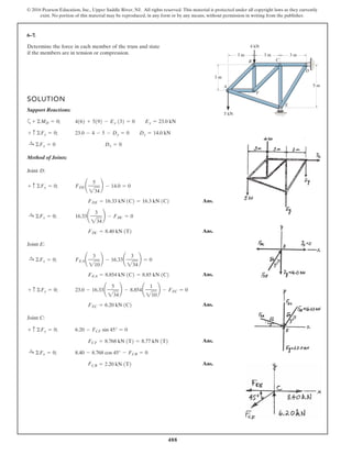 488
© 2016 Pearson Education, Inc., Upper Saddle River, NJ. All rights reserved. This material is protected under all copyright laws as they currently
exist. No portion of this material may be reproduced, in any form or by any means, without permission in writing from the publisher.
6–7.
SOLUTION
Support Reactions:
a
Method of Joints:
Joint D:
Ans.
Ans.
Joint E :
Ans.
Ans.
Joint C:
Ans.
Ans.FCB = 2.20 kN T
8.40 - 8.768 cos 45° - FCB = 0:+ ©Fx = 0;
FCF = 8.768 kN 1T2 = 8.77 kN 1T2
6.20 - FCF sin 45° = 0+ c ©Fy = 0;
FEC = 6.20 kN 1C2
23.0 - 16.33¢
5
234
≤ - 8.854¢
1
210
≤ - FEC = 0+ c ©Fy = 0;
FEA = 8.854 kN 1C2 = 8.85 kN 1C2
FEA¢
3
210
≤ - 16.33¢
3
234
≤ = 0:+ ©Fx = 0;
FDC = 8.40 kN 1T2
16.33¢
3
234
≤ - FDC = 0:+ ©Fx = 0;
FDE = 16.33 kN 1C2 = 16.3 kN 1C2
FDE¢
5
234
≤ - 14.0 = 0+ c ©Fy = 0;
Dx = 0:+ ©Fx = 0
23.0 - 4 - 5 - Dy = 0 Dy = 14.0 kN+ c ©Fy = 0;
4162 + 5192 - Ey 132 = 0 Ey = 23.0 kN+ ©MD = 0;
Determine the force in each member of the truss and state
if the members are in tension or compression.
E
D
CB
F
A 5 m
3 m
5 kN
4 kN
3 m 3 m 3 m
 
