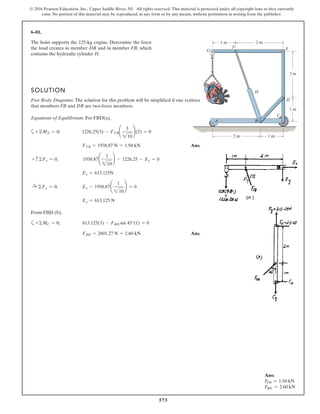 573
© 2016 Pearson Education, Inc., Upper Saddle River, NJ. All rights reserved. This material is protected under all copyright laws as they currently
exist. No portion of this material may be reproduced, in any form or by any means, without permission in writing from the publisher.
6–81.
C
D
EF
G
H
2 m
1 m
1 m
2 m1 m
2 m
A B
The hoist supports the 125-kg engine. Determine the force
the load creates in member DB and in member FB, which
contains the hydraulic cylinder H.
SOLUTION
Free Body Diagrams: The solution for this problem will be simplified if one realizes
that members FB and DB are two-force members.
Equations of Equilibrium: For FBD(a),
a
Ans.
From FBD (b),
a
Ans.FBD = 2601.27 N = 2.60 kN
+©MC = 0; 613.125(3) - FBD sin 45°(1) = 0
Ex = 613.125 N
:+ ©Fx = 0; Ex - 1938.87¢
1
210
≤ = 0
Ey = 613.125N
+ c©Fy = 0; 1938.87¢
3
210
≤ - 1226.25 - Ey = 0
FFB = 1938.87 N = 1.94 kN
+©ME = 0; 1226.25(3) - FFB¢
3
210
≤(2) = 0
Ans:
FFB = 1.94 kN
FBD = 2.60 kN
 