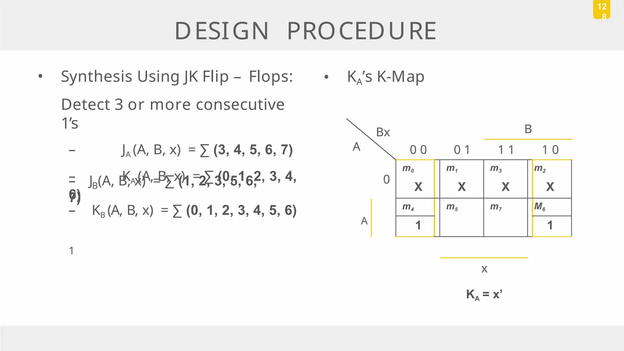 • Synthesis Using JK Flip – Flops:
Detect 3 or more consecutive
1’s
– JA (A, B, x) = ∑ (3, 4, 5, 6, 7)
– KA (A, B, x) = ∑ (0, 1, 2, 3, 4,
6)
B
– J (A, B, x) = ∑ (1, 2, 3, 5, 6,
7)
• KA’s K-Map
DESIGN PROCEDURE
12
8
Bx
A
B
0 0 0 1 1 1 1 0
0
– KB (A, B, x) = ∑ (0, 1, 2, 3, 4, 5, 6)
A
1
m0 m1 m3 m2
X X X X
m4 m5 m7 M6
1 1
x
KA = x’
 