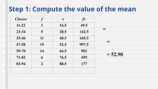 Step 1: Compute the value of the mean
Classes f x fx
11-22 3 16.5 49.5
23-34 5 28.5 142.5
35-46 11 40.5 445.5
47-58 19 52.5 997.5
59-70 14 64.5 903
71-82 6 76.5 459
83-94 2 88.5 177
=
=
= 52.90
 