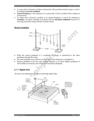 Hoo Sze Yen www.physicsrox.com                                                Physics SPM 2012

•   A system that is forced to oscillate continuously with provided external energy is said to
    be undergoing forced oscillation
•   Natural frequency is the frequency of a system that is left to oscillate freely without an
    external force
•   An object that is forced to oscillate at its natural frequency is said to be vibrating at
    resonance. An object vibrating at resonance has the maximum amplitude because it is
    receiving maximum energy from the external system


Barton’s Pendulum




•   When the control pendulum X is oscillated, its energy is transferred to the other
    pendulums through the string.
•   The other pendulums are forced to oscillate at the same frequency as pendulum X.
•   Because pendulum D has the same natural frequency as X (same length), pendulum D
    will oscillate at resonance and will have the maximum amplitude.


6.1.7 Ripple tank

All water wave phenomena are observed through ripple tanks.




Chapter 6: Waves                                                                   Page 4 of 14
 