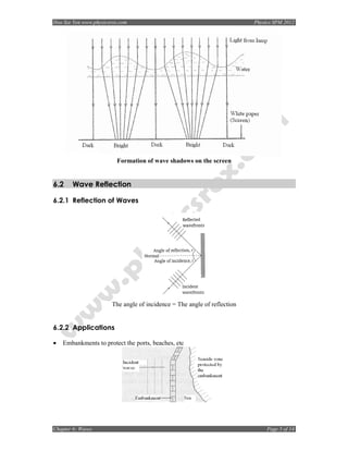Hoo Sze Yen www.physicsrox.com                                            Physics SPM 2012




                         Formation of wave shadows on the screen


6.2    Wave Reflection

6.2.1 Reflection of Waves




                       The angle of incidence = The angle of reflection


6.2.2 Applications

•   Embankments to protect the ports, beaches, etc




Chapter 6: Waves                                                               Page 5 of 14
 