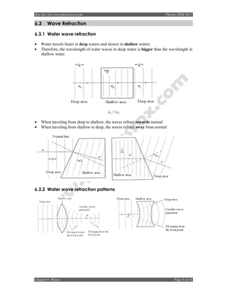 Hoo Sze Yen www.physicsrox.com                                             Physics SPM 2012

6.3    Wave Refraction

6.3.1 Water wave refraction

•   Water travels faster in deep waters and slower in shallow waters
•   Therefore, the wavelength of water waves in deep water is bigger than the wavelength in
    shallow water.




                                          λ1 > λ 2

•   When traveling from deep to shallow, the waves refract towards normal
•   When traveling from shallow to deep, the waves refract away from normal




6.3.2 Water wave refraction patterns




Chapter 6: Waves                                                                Page 6 of 14
 