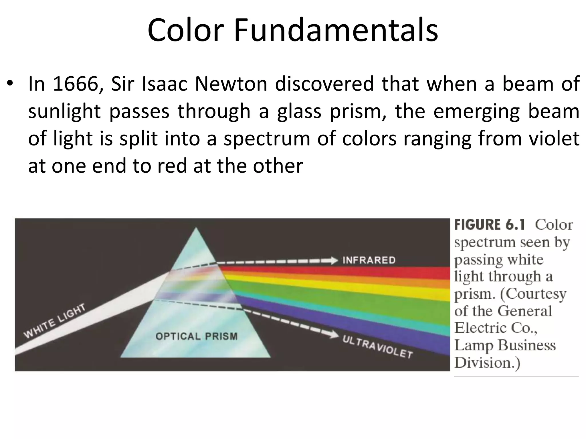Color Fundamentals
• In 1666, Sir Isaac Newton discovered that when a beam of
sunlight passes through a glass prism, the emerging beam
of light is split into a spectrum of colors ranging from violet
at one end to red at the other
 