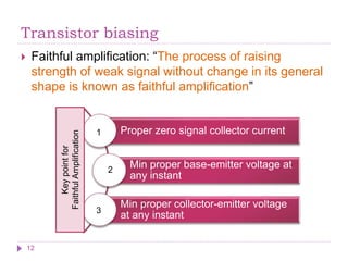 Transistor biasing
 Faithful amplification: “The process of raising
strength of weak signal without change in its general
shape is known as faithful amplification”
Proper zero signal collector current
Min proper base-emitter voltage at
any instant
Min proper collector-emitter voltage
at any instant
Key
point
for
Faithful
Amplification
1
2
3
12
 