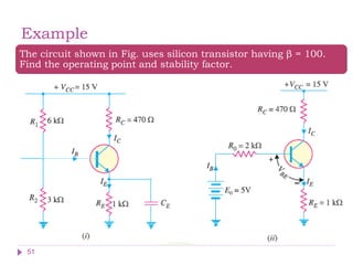 Example
The circuit shown in Fig. uses silicon transistor having β = 100.
Find the operating point and stability factor.
51
 