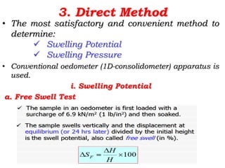 3. Direct Method
• The most satisfactory and convenient method to
determine:
 Swelling Potential
 Swelling Pressure
• Conventional oedometer (1D-consolidometer) apparatus is
used.
i. Swelling Potential
a. Free Swell Test
 