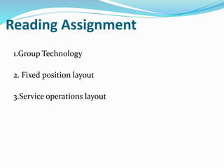 Reading Assignment
1.Group Technology
2. Fixed position layout
3.Service operations layout
 